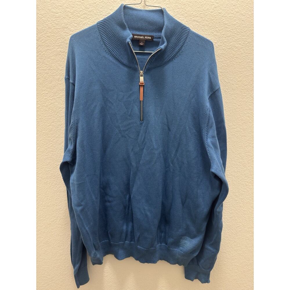 Michael Kors Men's XXL Blue Knit 1/4 Zip Mock Neck Long Sleeve Sweater